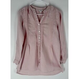 J. Jill Love Linen Pintucked Tunic Top XS Roll Tab Long Sleeve Beach Resort Pink